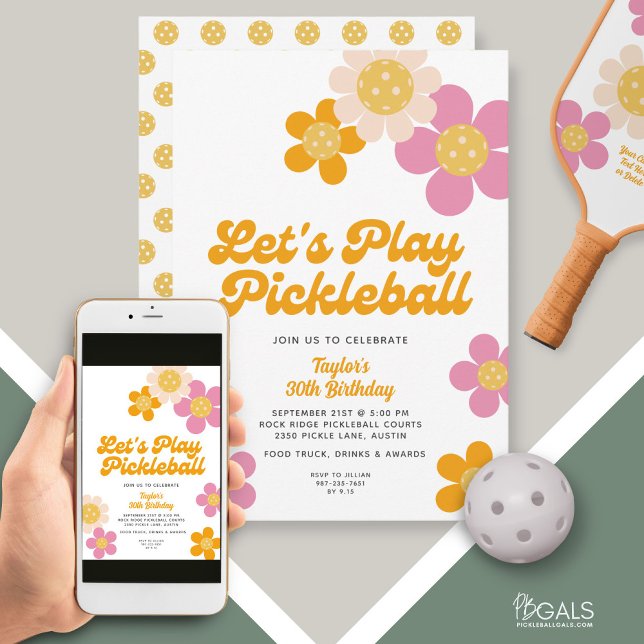 Invitation Pickleball Party Super Retro Rose Orange Fleurs (Créateur téléchargé)