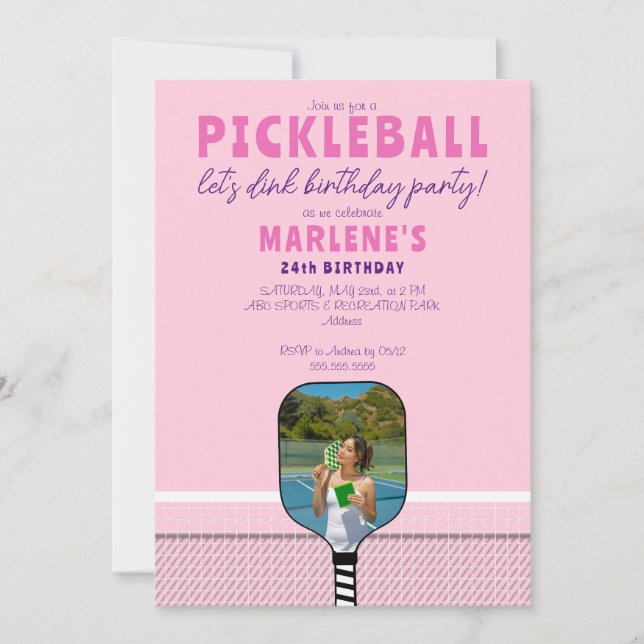 Invitation Pickleball rose Paddle Photo Dink Anniversaire (Devant)