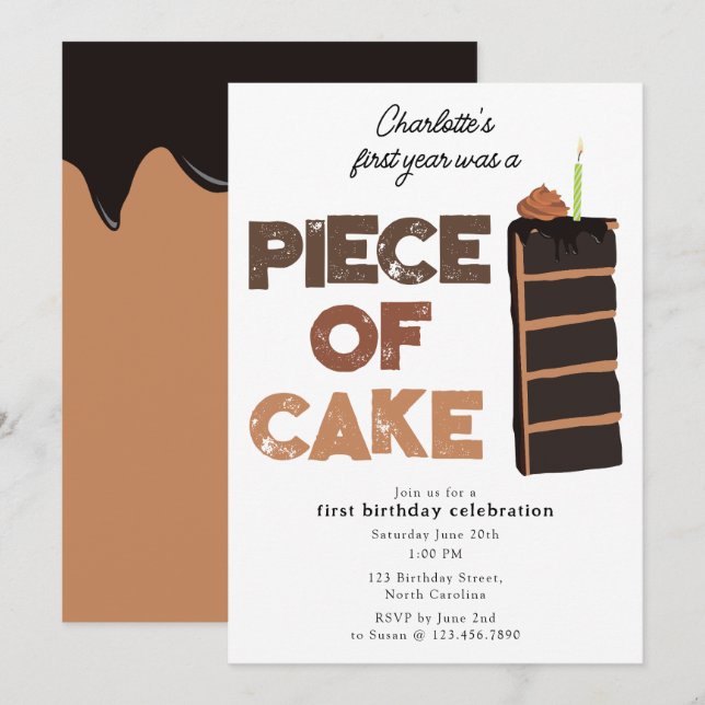 Invitation Piece of Cake Invite 1st  First Birthday Cute (Devant / Derrière)