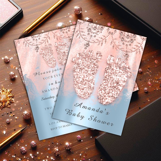 Invitation Pieds baby shower Argent fille garçon Royal Rose B (Baby Shower Feet Silver Girl Boy Royal Rose Blue Invitation)