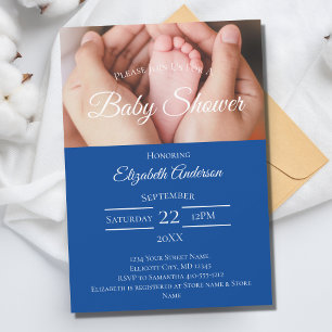 Invitation Pieds bébé photo Baby shower garçon bleu blanc