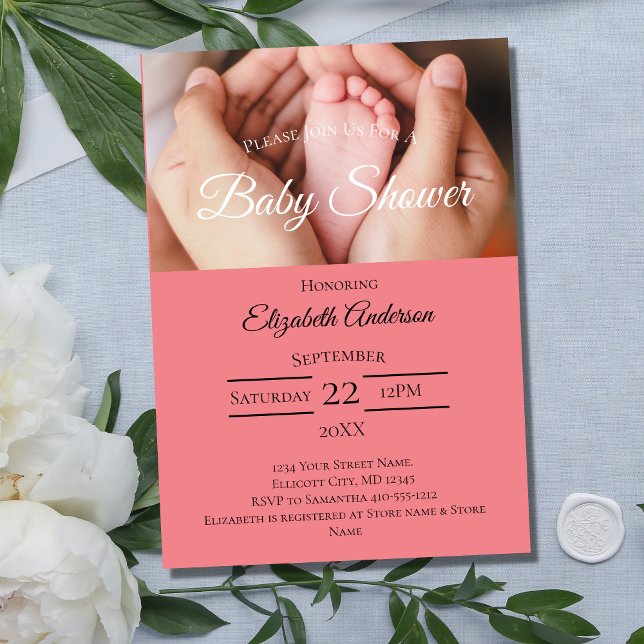 Invitation Pieds bébé photo noir blanc rose Baby shower fille (Créateur téléchargé)
