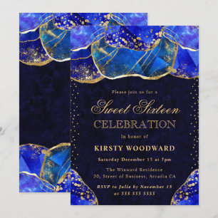 Invitation Pierre de cristal bleu élégant doré Sweet 16