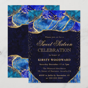 Invitation Pierre de cristal bleu élégant doré Sweet 16