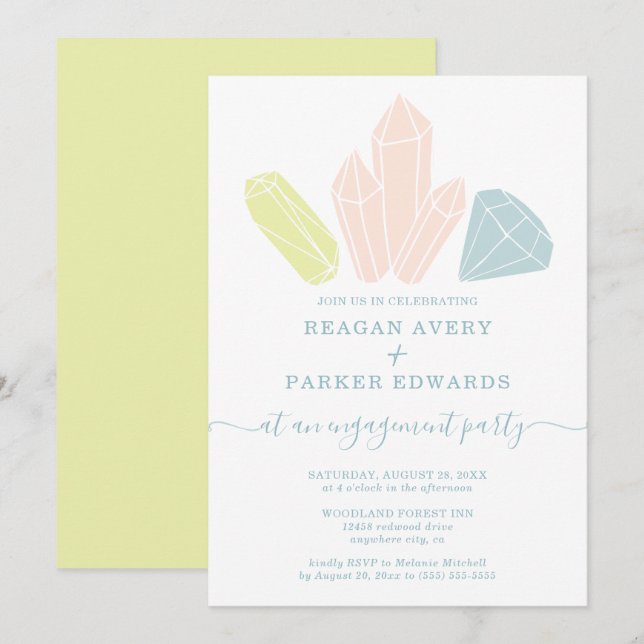 Invitation Pierres de Gem Élégante Partie d'engagement Pastel (Devant / Derrière)