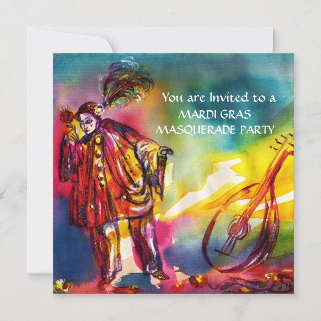 Invitation PIERROT ET ROSES MUSICAL ROMANTIQUE Mardi Gras (Devant)