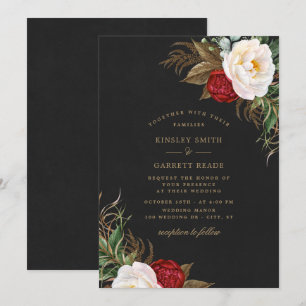 Invitation Pies d'aquarelle rouge Mariage d'or noir floral
