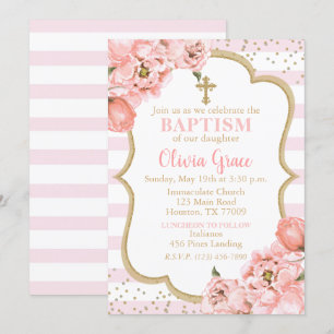 Invitation Pies florissantes Pink Blush & Gold Baptism