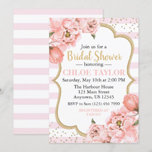 Invitation Pies florissantes Pink Blush & Gold Fête des marié