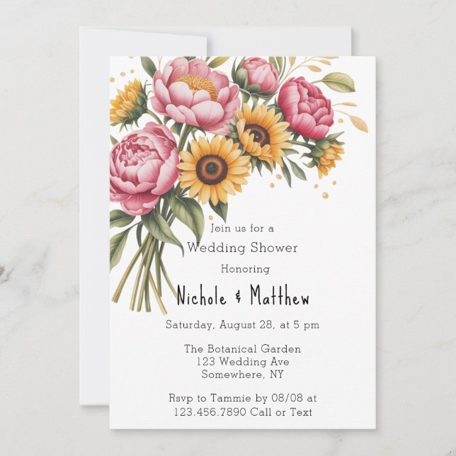 Invitation Pies roses et Wedding shower floral jaune (Devant)