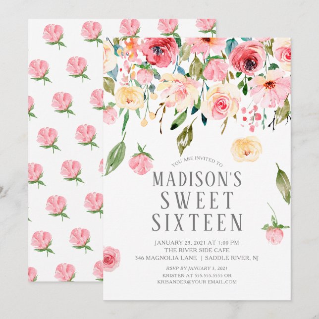 Invitation Pies roses Floral Drop Sweet sixteen Party (Devant / Derrière)