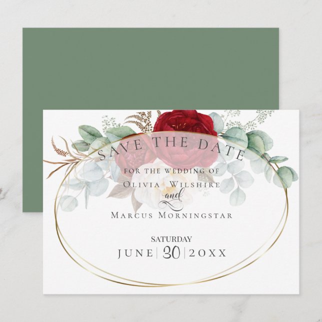 Invitation Pies rouges et blanches avec Feuilles d'Eucalyptus (Devant / Derrière)