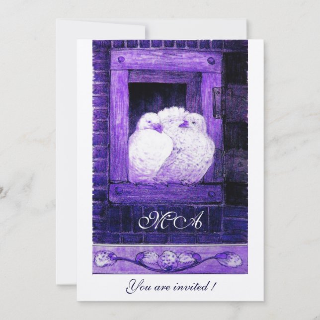 Invitation Pigeons blancs à la fenêtre monogramme, métallisé  (Devant)