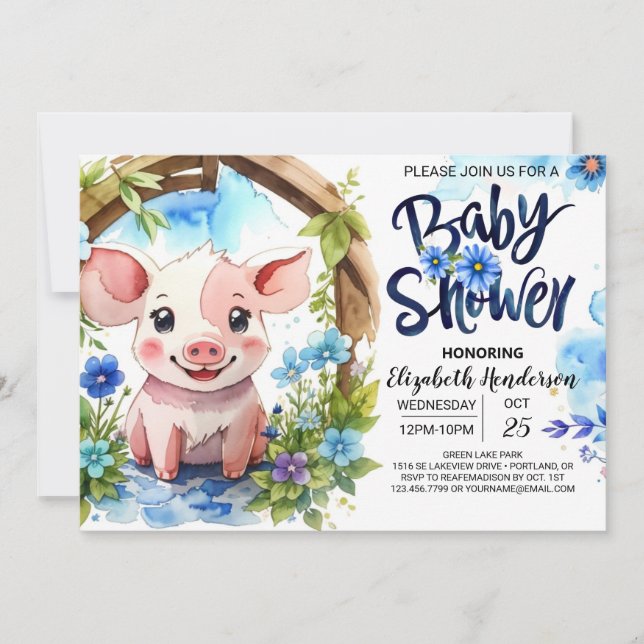 Invitation Piggy Parade Aquarelle Baby shower (Devant)