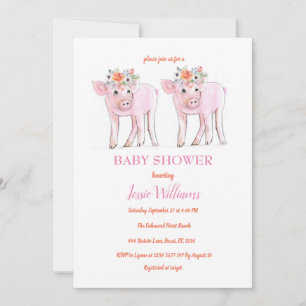 Invitation Piggy Twins Baby shower Piglet Girl Farm Animaux