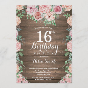 Invitation Pignons roses floraux rustiques 16e anniversaire