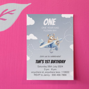 Invitation Pilote d'ours à plan mignon 1er appel d'anniversai