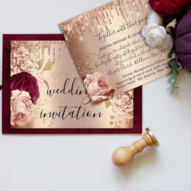 Invitation Pilotes Mariage Marsala Rose Roses or (Drips Marsala Wedding Rose Gold Roses Invitation)