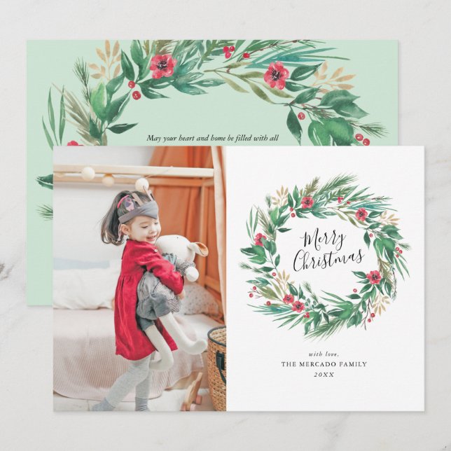 Invitation Pin d'aquarelle et courge de Berry Photo de Noël (Devant / Derrière)