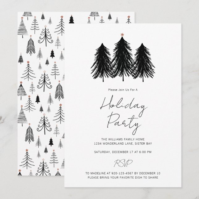 Invitation Pin de Noël noir blanc Fête des fêtes (Devant / Derrière)
