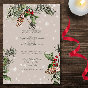 Invitation Pin et houx dans la neige sur un mariage marron ta