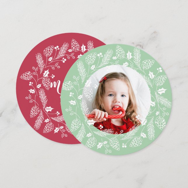 Invitation Pin rouge et vert mignon et couronne de Noël Holly (Devant / Derrière)