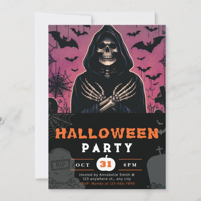 Invitation Pince rose et noire faucheuse squelette Halloween (Devant)
