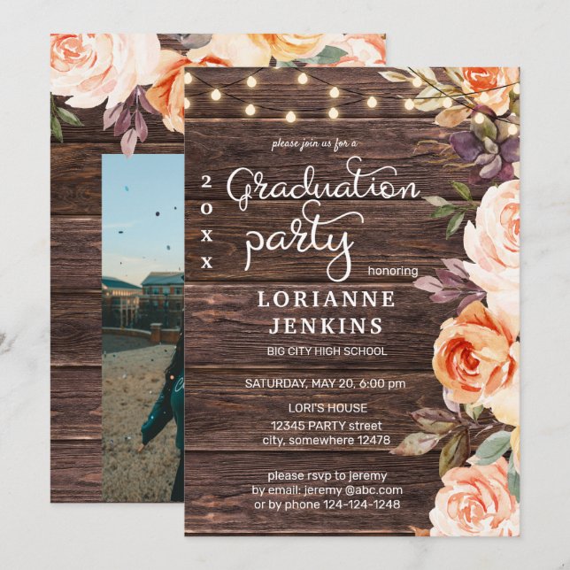 Invitation Pinceau rose et Pêche Floral Graduation avec photo (Devant / Derrière)