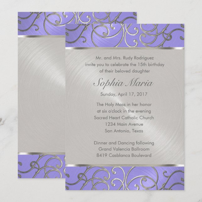 Invitation Pinces Filigree d'Argent Violet Quinceanera (Devant / Derrière)