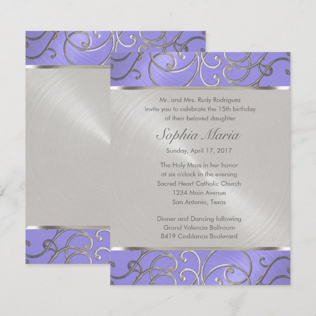 Invitation Pinces Filigree d'Argent Violet Quinceanera (Devant / Derrière)