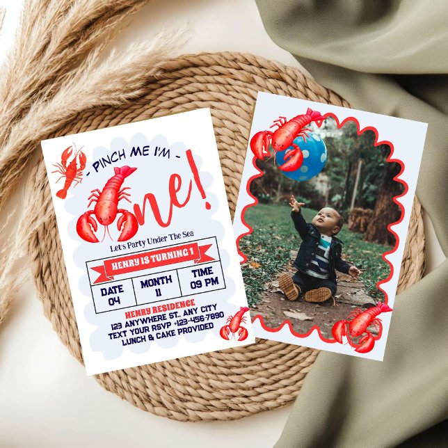 Invitation Pinch Me, I'm One Lobster Boy 1st Birthday Party (Créateur téléchargé)