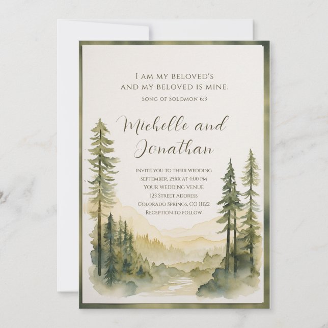 Invitation Pine Arbre Aquarelle Bible Verse Mariage chrétien (Devant)