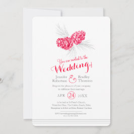 Invitation Pine cônes art dessin rouge gris mariage