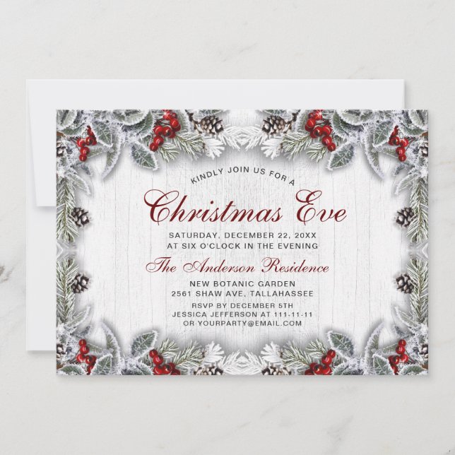 Invitation Pine Cones Holly Berry Branche Rustique Noël Révei (Devant)