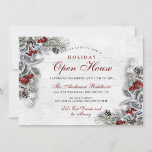 Invitation Pine Cones Holly Branche Rustique Holiday Open Hou