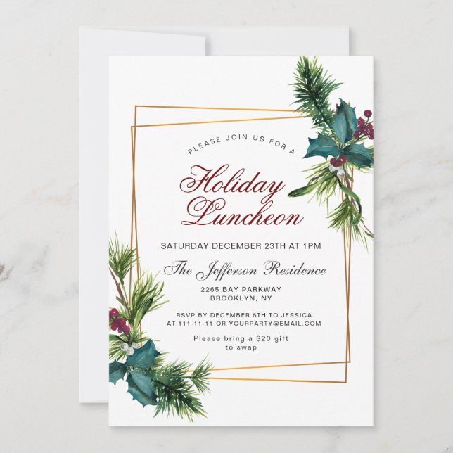 Invitation Pine Cones Holly Frame Noël Déjeuner de Noël (Devant)
