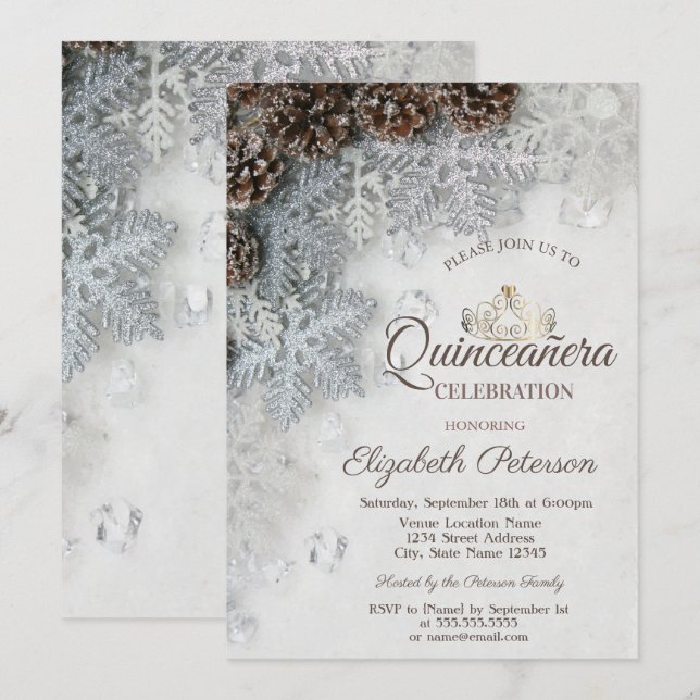 Invitation Pine Cones, Snowflakes, Tiara, Quinceañera (Devant / Derrière)