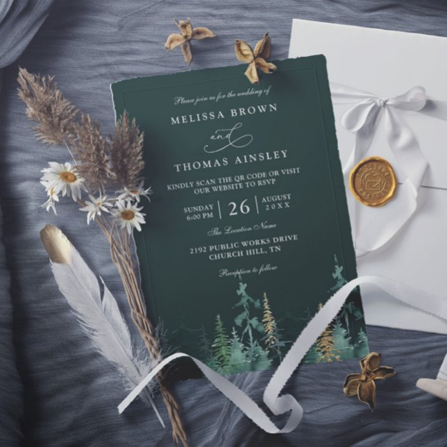 Invitation PINE Emerald Green and Gold QR Code Wedding (Créateur téléchargé)