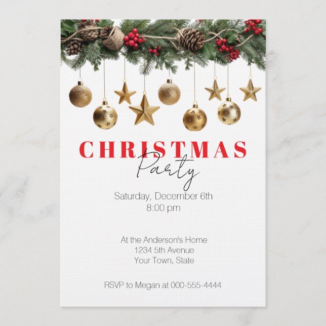 Invitation Pine Garland Gold Ornaments Christmas Party (Devant)