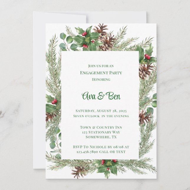 Invitation Pine Needles Red Berry Christmas Party (Devant)