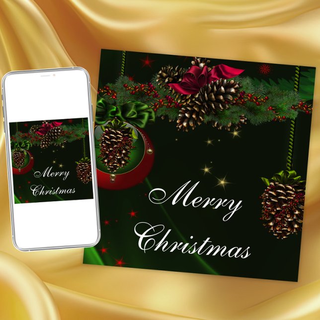 Invitation Pine rouge verte cônes Élégante fête de Noël (Pinecone ornaments Christmas party invitation. Instant download and printed invitations available.)