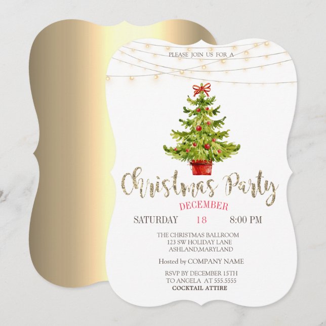 Invitation Pine Tree, Balls, Lumières Gold Christmas Party (Devant / Derrière)