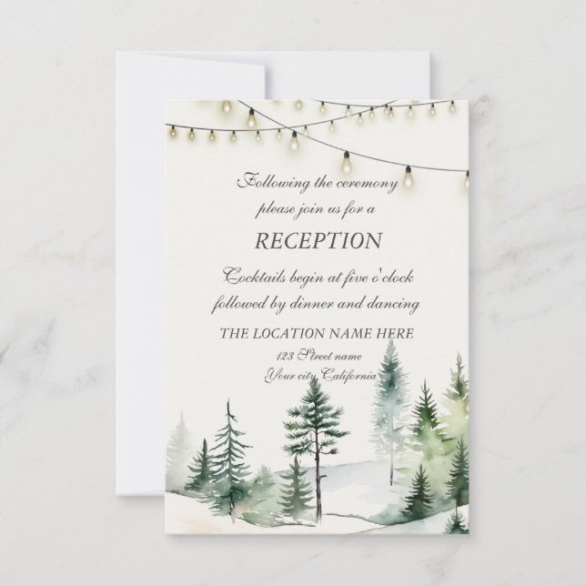 Invitation Pine Tree Forest, String Lights Mariage Réception (Devant)