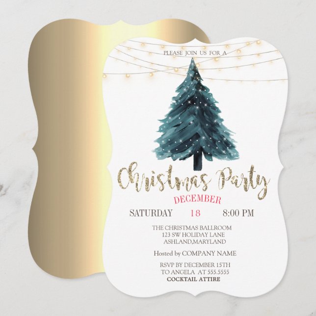 Invitation Pine Tree, Lumières Gold Noël Société Party (Devant / Derrière)