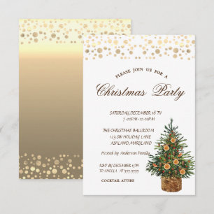 Invitation Pine Tree Orange, Gold Dots Fête de Noël
