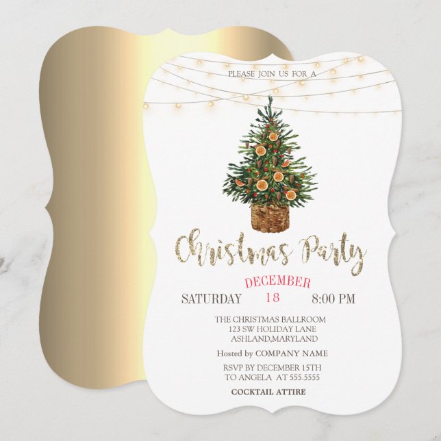 Invitation Pine Tree, Orange, Lumières Gold Christmas Party (Devant / Derrière)