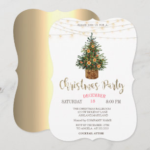 Invitation Pine Tree, Orange, Lumières Gold Christmas Party