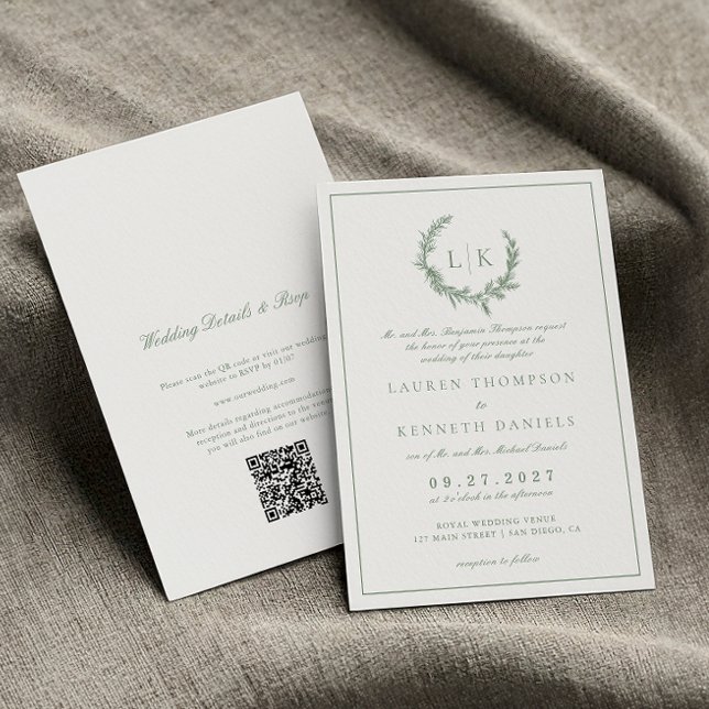 Invitation Pine Tree Wreath Sage vert QR Code Mariage (Créateur téléchargé)