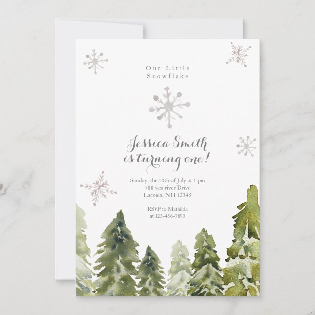 Invitation Pine Trees Snowflakes 1er anniversaire (Devant)