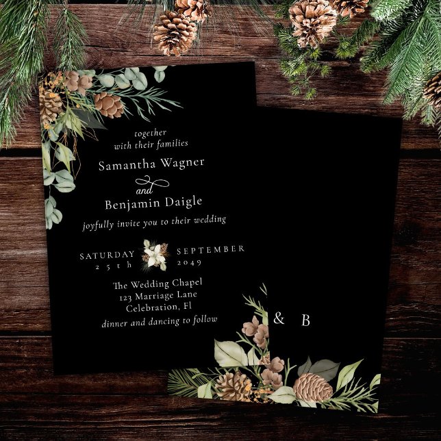 Invitation Pine verdoyante d'hiver Noir Mariage élégant (Créateur téléchargé)